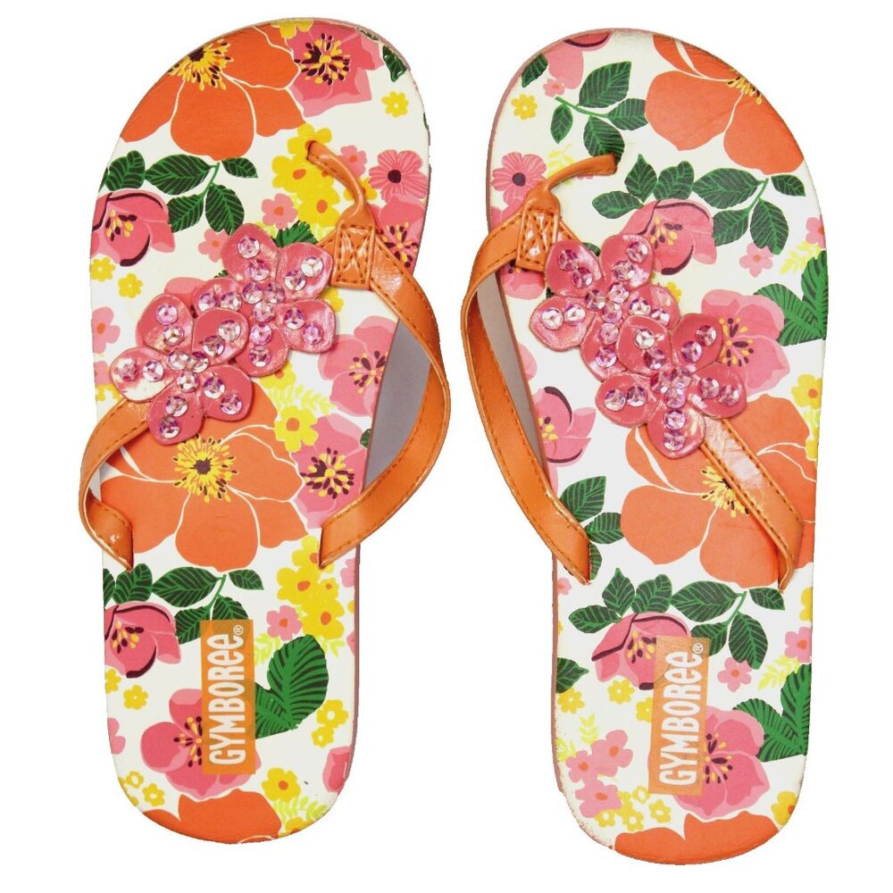 2007 Gymboree Floral Reef Flip Flips sz 13/1 Summer Tropical Flower Sequin Hawai